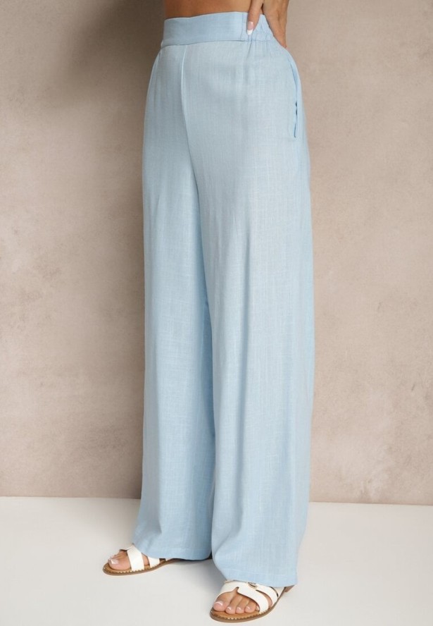 Niebieski Komplet z Bawełną Spodnie i Koszula z Paskiem Rinaretea