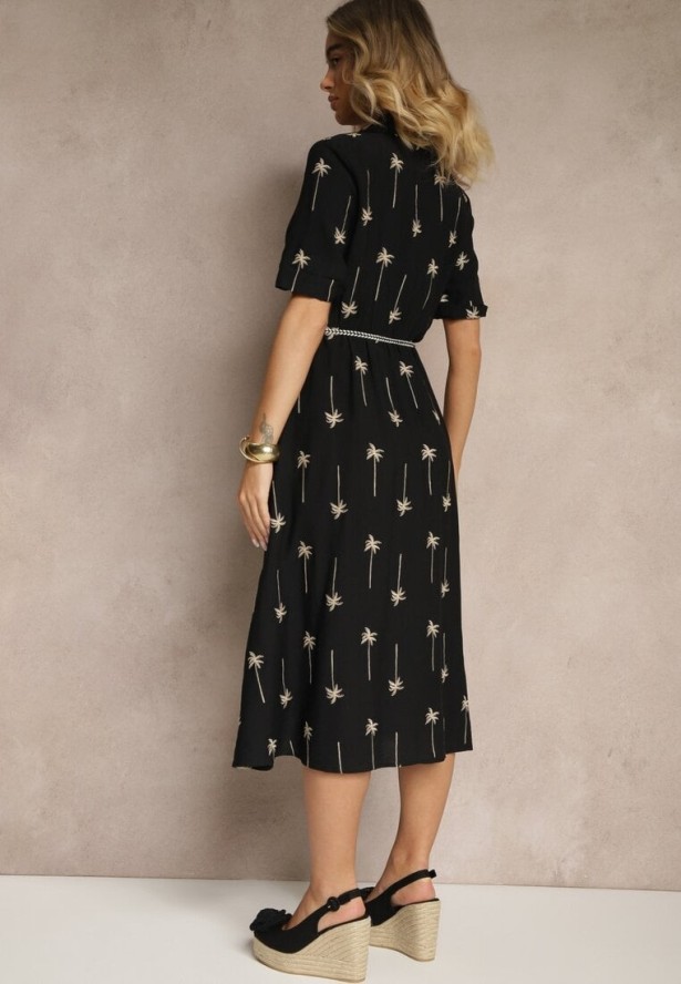 Czarna Koszulowa Sukienka z Wiskozy o Rozkloszowanym Kroju z Wiązaniem Liselithra