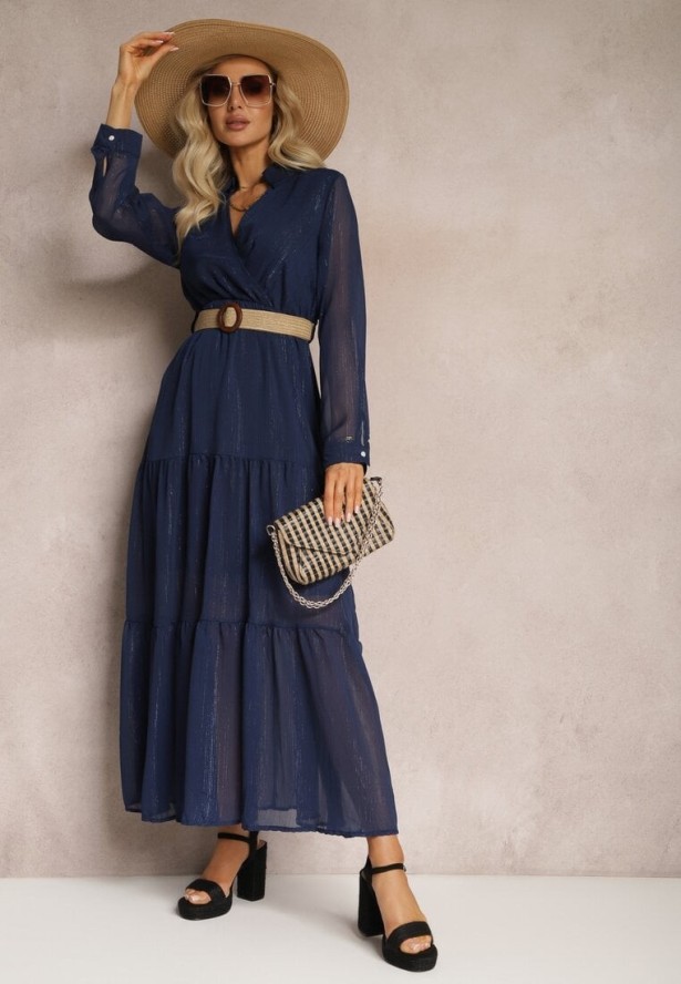 Granatowa Sukienka z Kopertowym Dekoltem i Plecionym Paskiem Velo