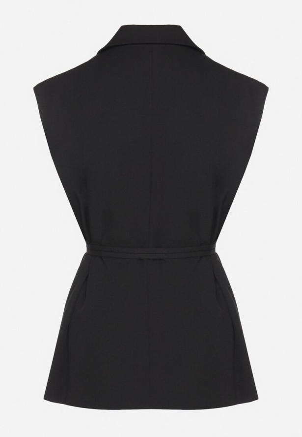 Czarna Garniturowa Kamizelka z Usztywnioną Linią Ramion i Paskiem Dannelli