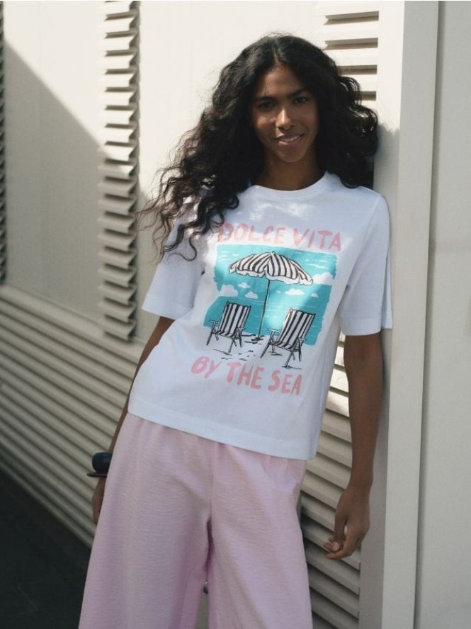 Bawełniany t-shirt z nadrukiem - złamana biel