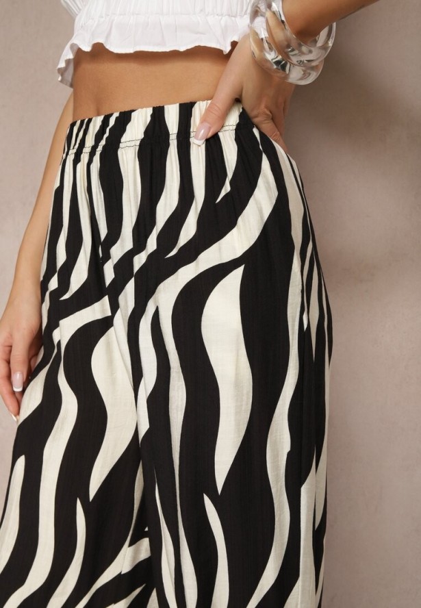 Czarno-Białe Spodnie o Szerokim Kroju High Waist Ozdobione Paskami Lisamelia