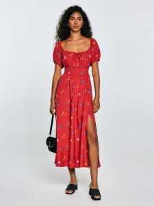 Sukienka damska midi z motywem kwiatowym czerwona Roksi 603