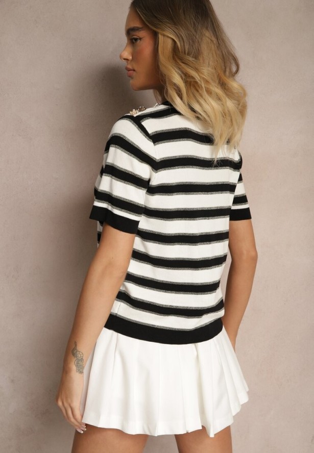 Czarno-Biała Wiskozowa Bluzka w Paski z Metaliczną Nicią Cyrkoniami i Guzikami Lorasa