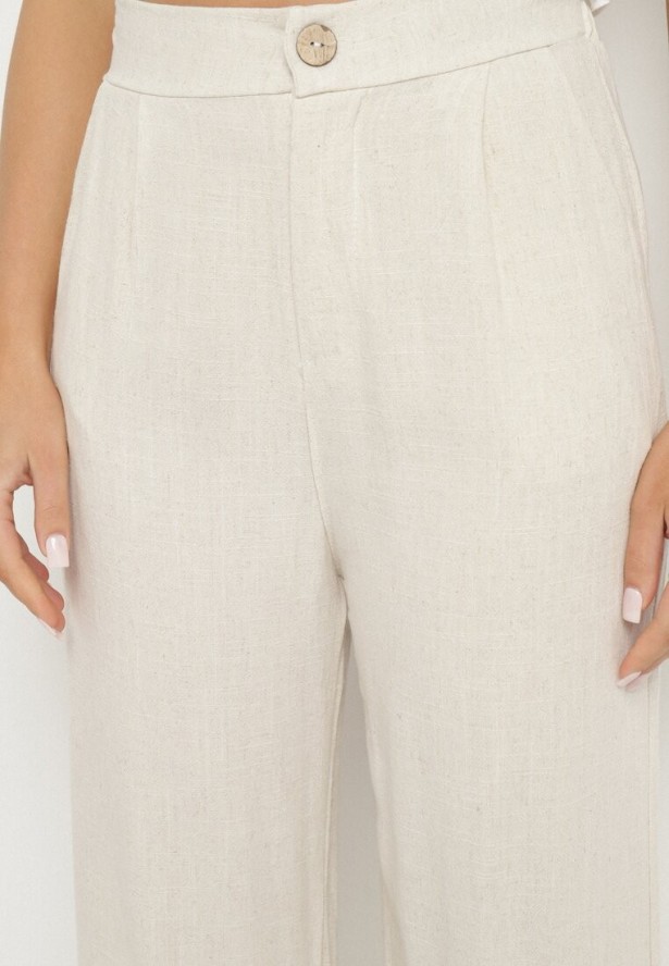 Jasnobeżowe Lniane Spodnie z Wiskozą o Szerokim Kroju z Gumką w Talii Zelzeri