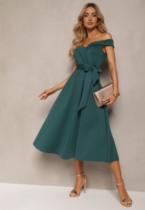 Zielona Sukienka Wieczorowa Hiszpanka z Materiałowym Paskiem Yellia
