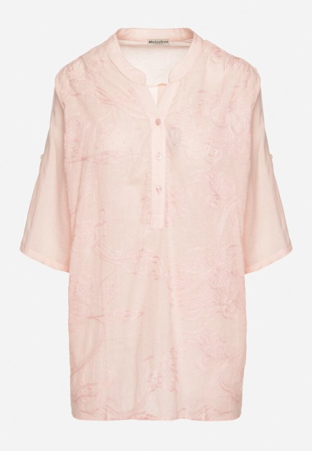 Jasnoróżowa Haftowana Koszula z Bawełny z Podwijanymi Rękawami Aradwena