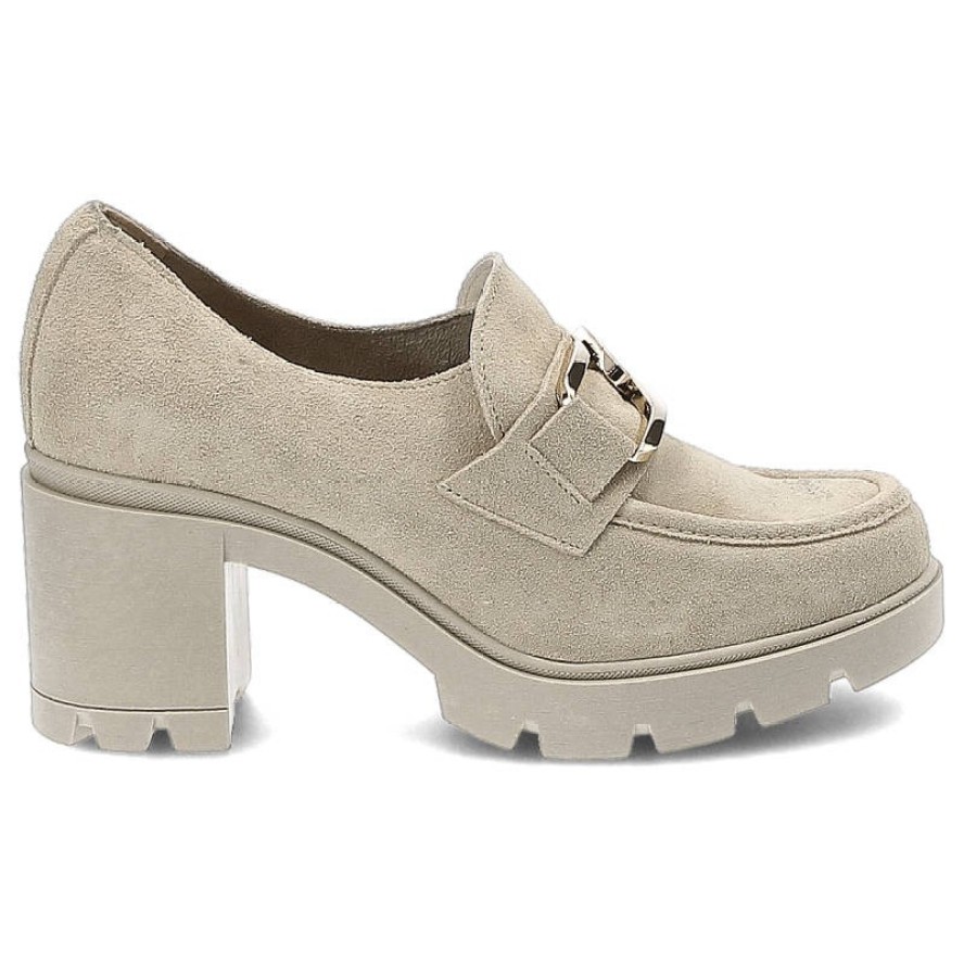 Półbuty damskie Lemar, wykonane ze skóry zamszowej z metalową klamrą na podbiciu grubą podeszwą z tworzywa i szerokim obcasem, beżowo-złote, 20097-W