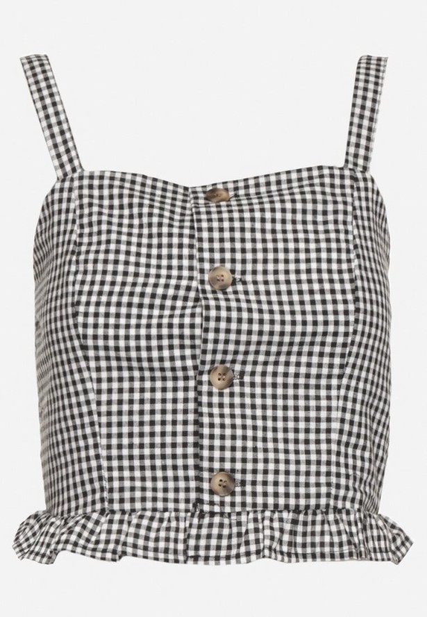 Czarna Bluzka Top ze Wzorem Kraty Ozdobiony Falbanką i Guzikami Folorae