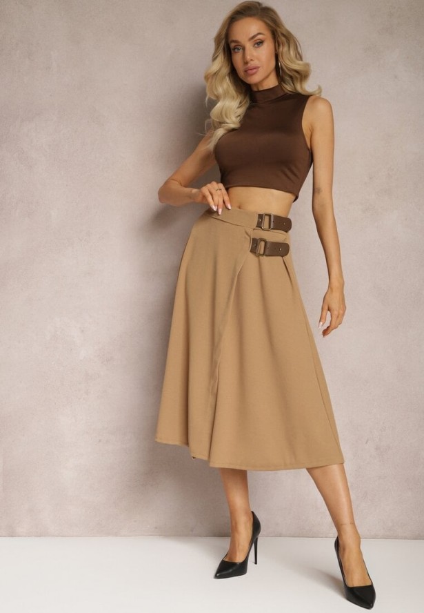 Beżowa Rozkloszowana Spódnica Midi z Gumką w Talii i Paskami z Imitacji Skóry Helemisia