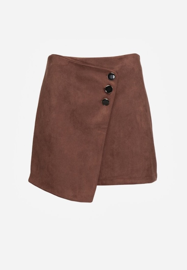 Brązowa Trapezowa Spódnica o Kopertowym Kroju z Guzikami Ilaraeth