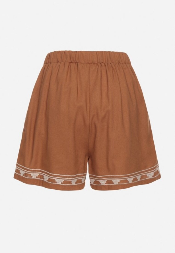 Brązowe Bawełniane Szorty z Wysokim Stanem Zdobione Haftem Filarassa