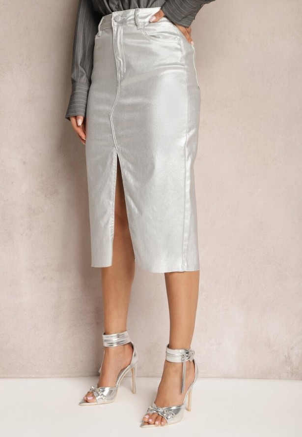 Srebrna Ołówkowa Spódnica Metaliczna Midi Serenita