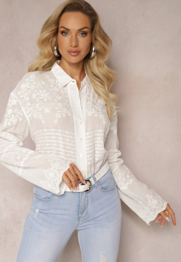 Biała Przezroczysta Koszula z Bawełny z Haftem w Kwiatki Kariela