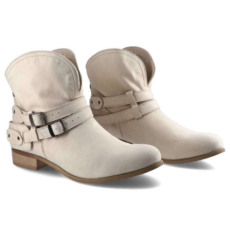 Beżowe Botki Pollonus Damskie Modne Buty Skórzane