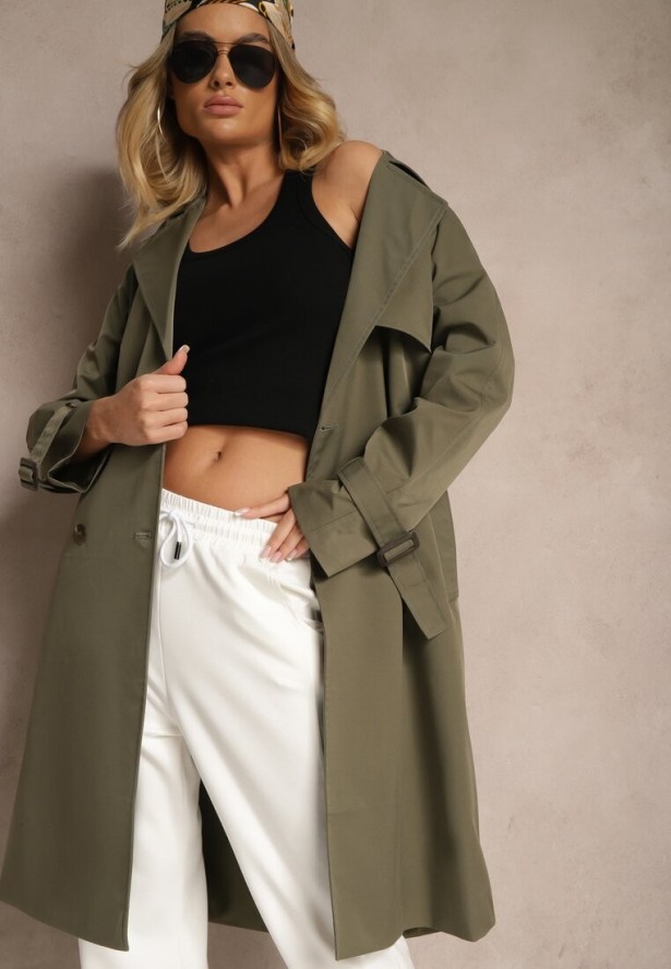 Zielony Dwurzędowy Płaszcz Trencz z Paskiem Ninnolia