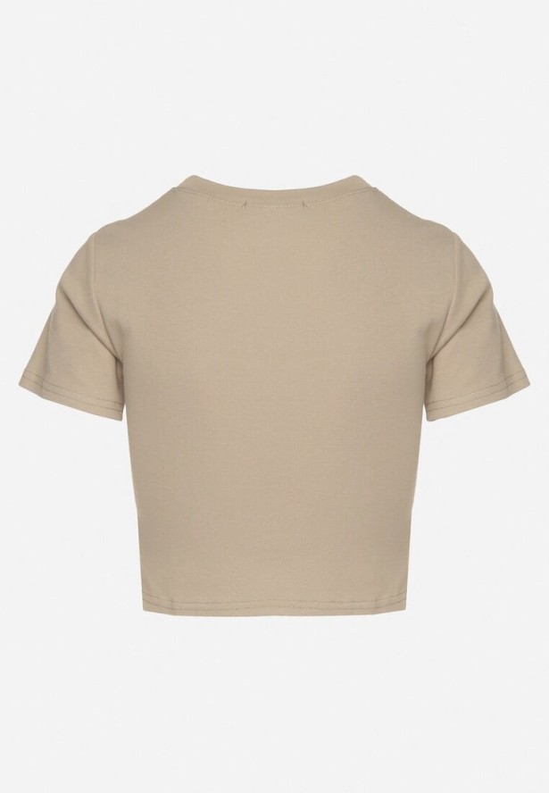 Ciemnobeżowy Bawełniany T-shirt z Napisem i Łańcuchem Olimelia