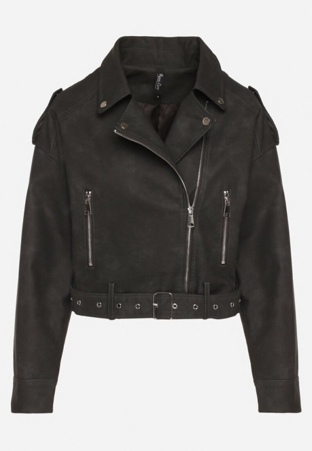 Czarna Kurtka Ramoneska z Ozdobnym Paskiem Sesanoria