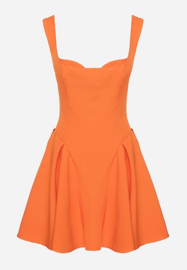 Pomarańczowa Rozkloszowana Sukienka z Gorsetową Górą i Dekoltem w Serce Frolami