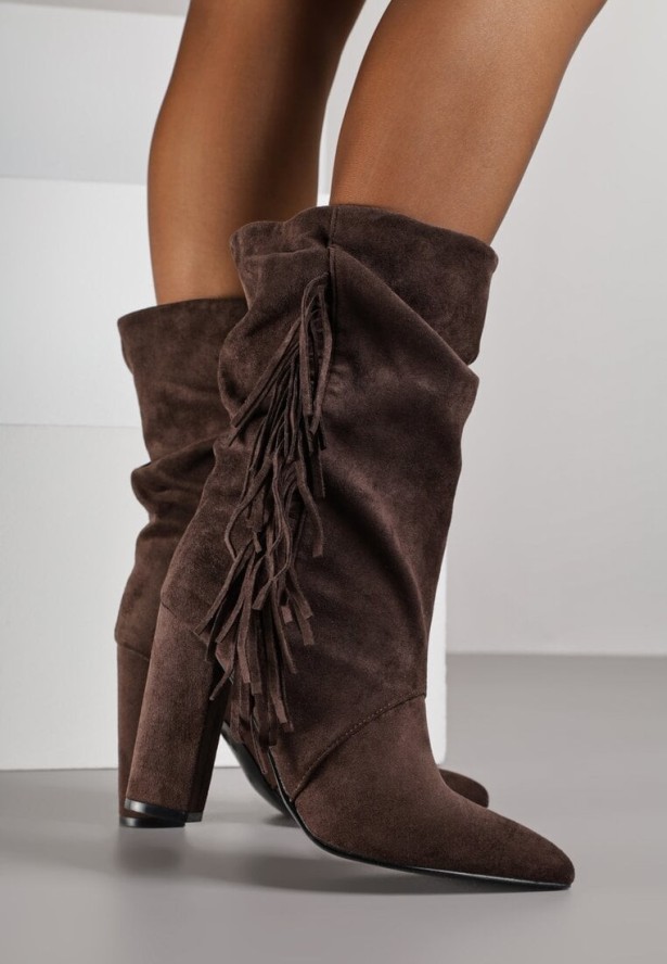 Brązowe Botki w Stylu Kowbojek na Obcasie Ozdobione Frędzlami Reitania