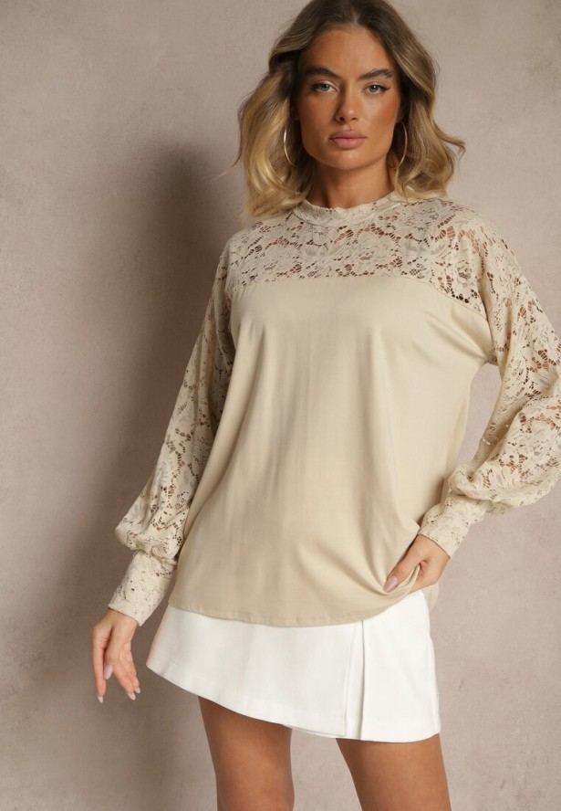 Beżowa Bluzka z Wiskozą z Koronką Eviriva