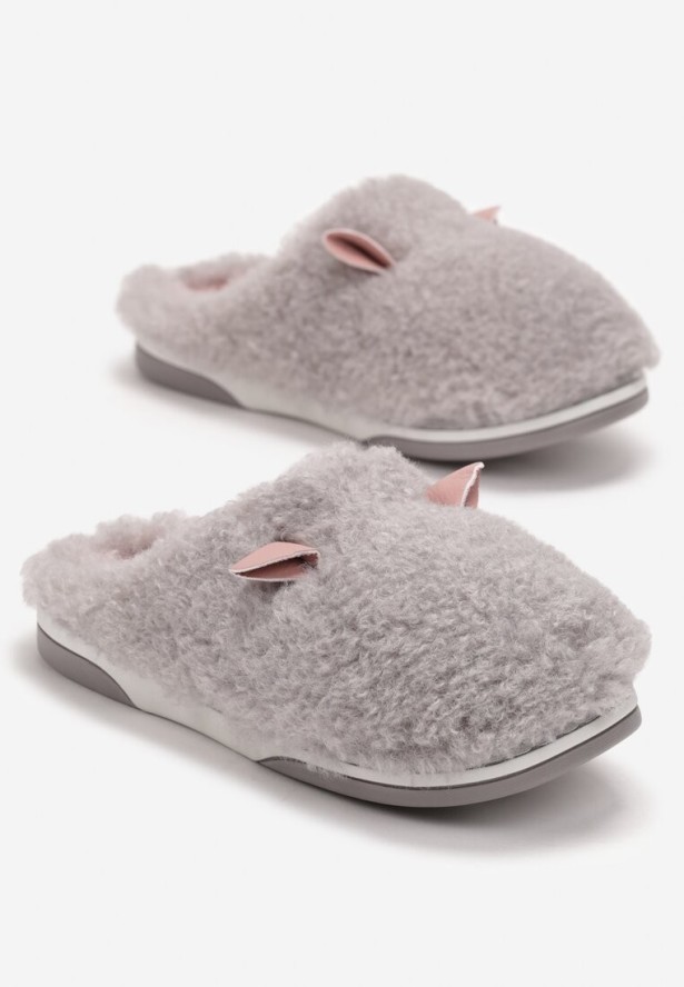 Szare Kapcie z Futerkiem i Motywem Uszu Iratimi