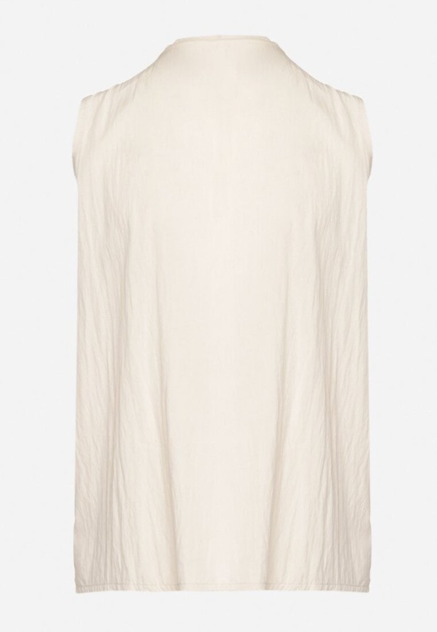 Jasnobeżowa Koszula Bez Rękawów z Wiskozą z Dekoltem w Serek i Falbaną Arlimi