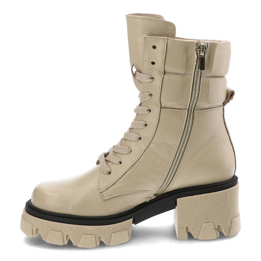 Botki damskie Karino, z gładkiej skóry naturalnej z wysoką cholewką i sznurowaniem stabilny obcas oraz gruba podeszwa o geometrycznym kształcie, beżo