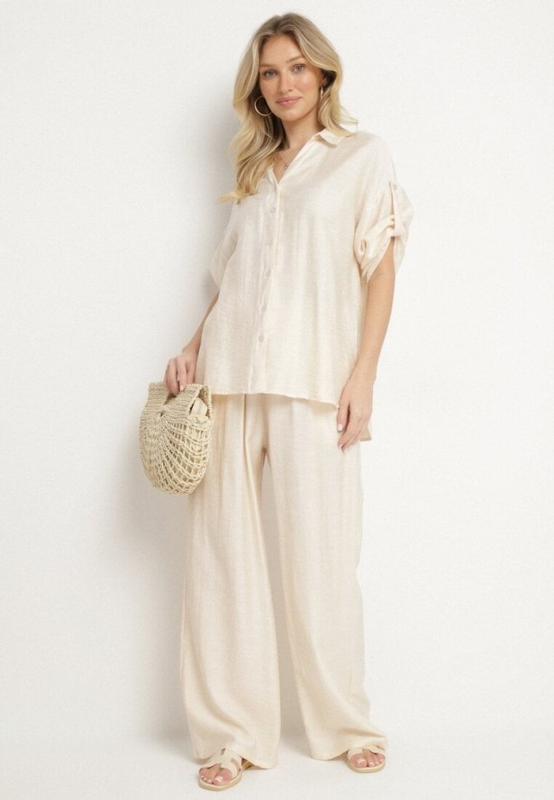 Jasnobeżowy Komplet z Wiskozy Koszula z Podpinanymi Rękawami i Szerokie Spodnie Dormoi