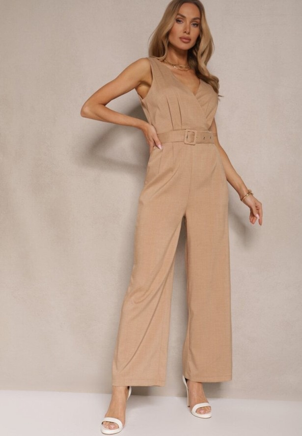 Ciemnobeżowy Kopertowy Kombinezon z Bawełną Ozdobiony Paskiem Evianaria