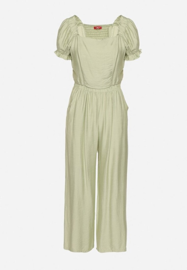 Jasnozielony Wiskozowy Komplet Spodnie o Szerokim Kroju i Top Heltebia