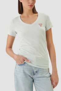 GUESS Miętowy damski t-shirt na krótki rękaw V-Neck Mini Triangle, Rozmiar S