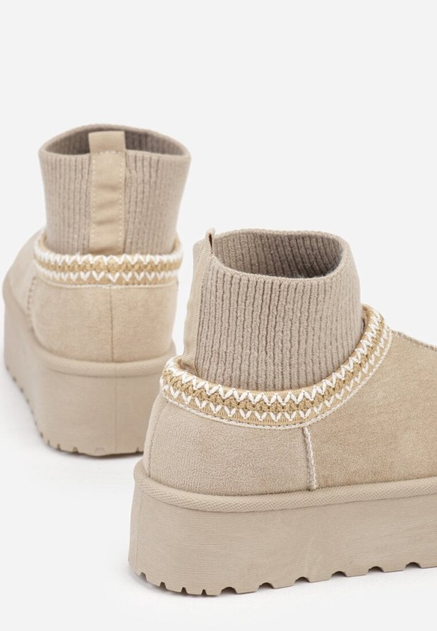 Beżowe Śniegowce VICES na Grubej Podeszwie z Haftem i Skarpetkową Cholewką Enantia