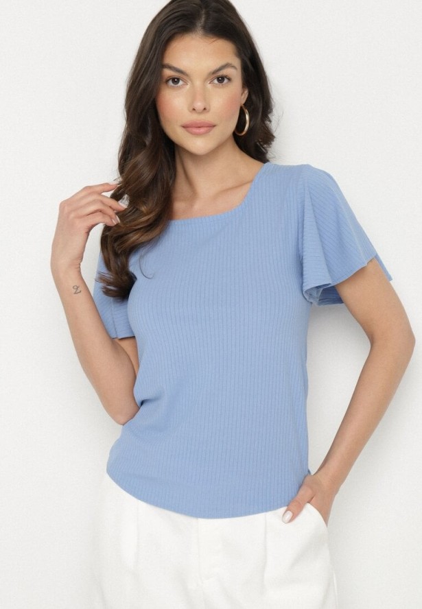 Niebieska Bluzka Ozdobiona Szerokimi Rękawami Sunlisa