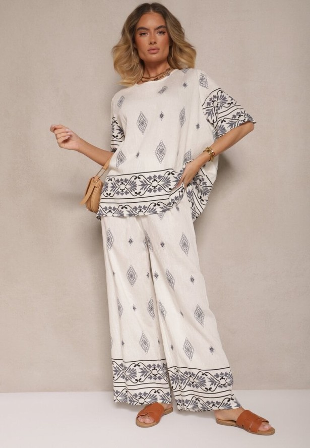 Beżowo-Szary Komplet w Stylu Boho Bluzka z Krótkim Rękawem i Luźne Spodnie Divorine