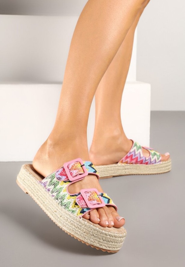 Różowe Klapki na Grubej Plecionej Podeszwie z Geometrycznym Wzorem Tyssedi