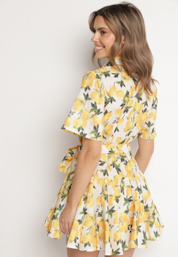 Beżowa Sukienka Koszulowa o Rozkloszowanym Kroju z Wiązanym Paskiem Laviliona