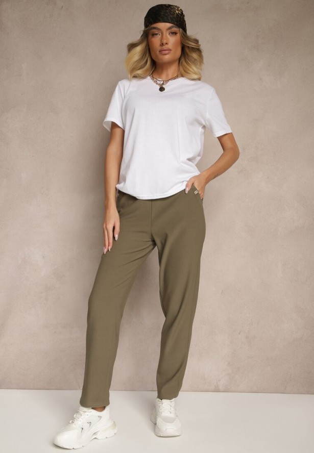 Ciemnozielone Spodnie o Szerokim Kroju z Metalicznymi Ozdobami i Wiązaniem Voressa