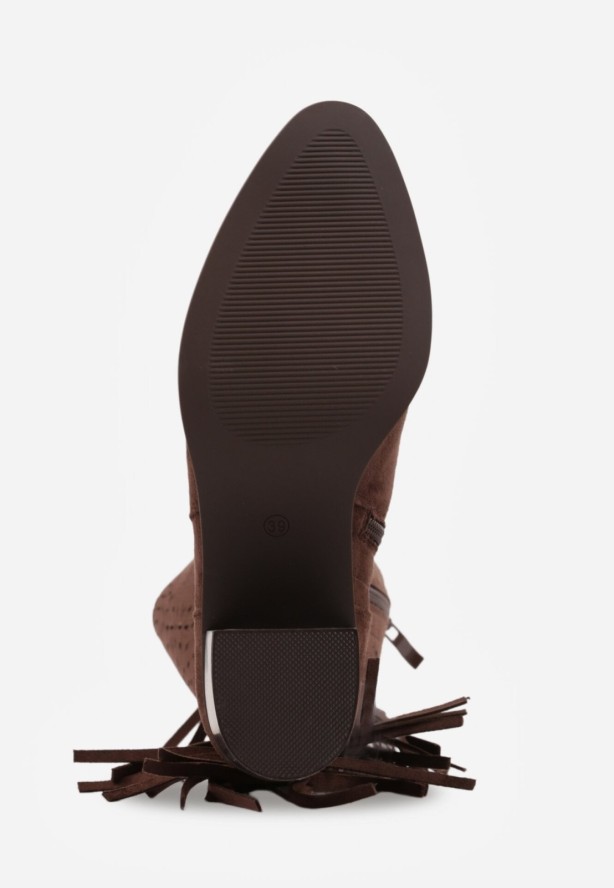 Ciemnobrązowe Ażurowe Botki Typu Kowbojki ze Skórzaną Wkładką Ozdobione Frędzlami Ceziva