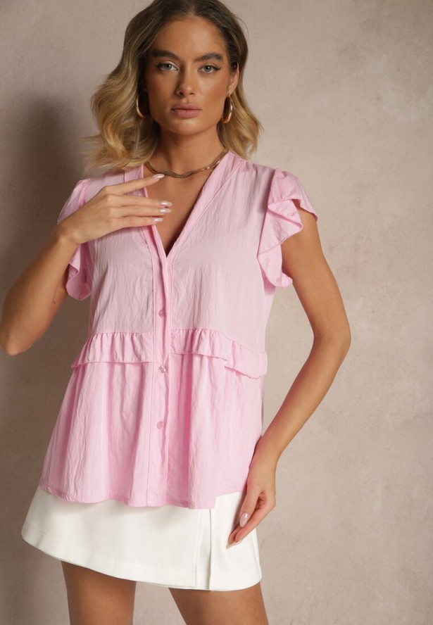 Różowa Koszula z Wiskozą Zdobiona Falbankami z Dekoltem w Serek Alisetta