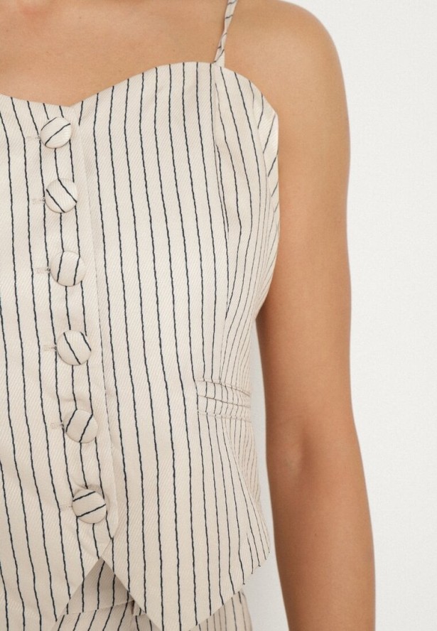 Beżowy Wiskozowy Komplet w Pionowe Paski Szerokie Spodnie i Top Firtebia