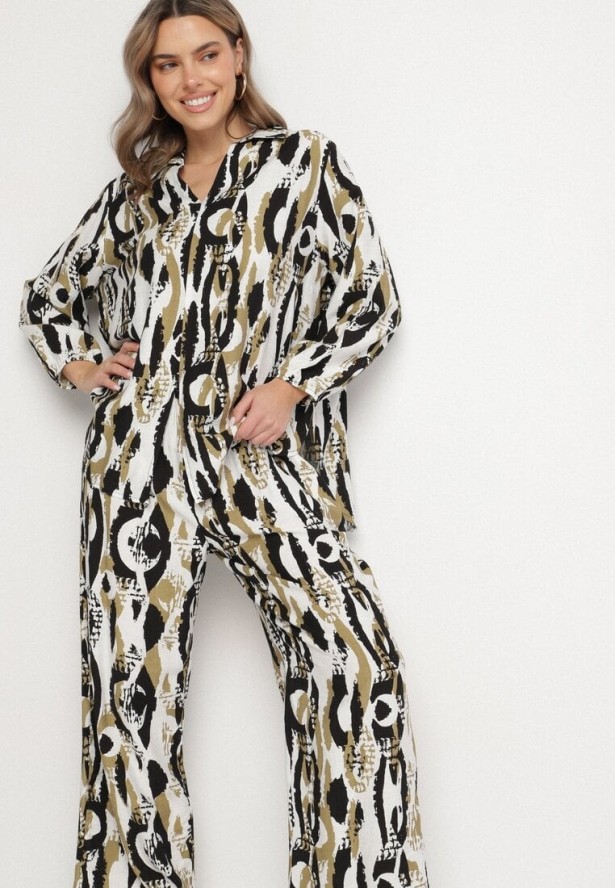 Czarno-Beżowy Komplet z Wiskozą w Abstrakcyjny Wzór Koszulowa Bluzka i Spodnie Sarivone