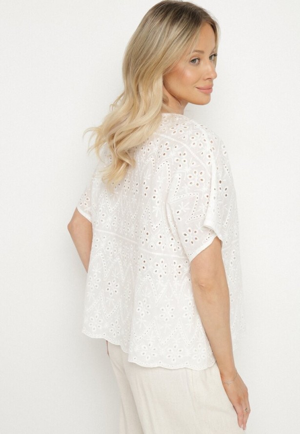 Biała Ażurowa Bluzka z Bawełny Volleira