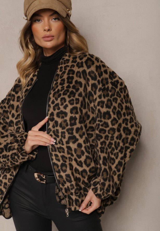 Brązowa Bluza z Lnem Oversize w Panterkę Tinnestira