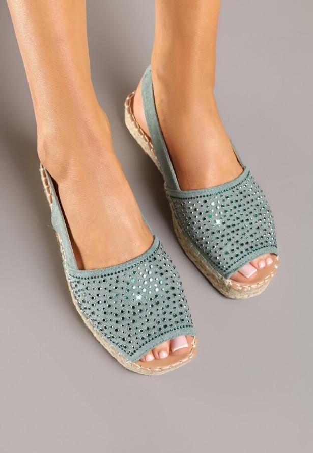 Niebieskie Sandały w Stylu Espadryli z Cyrkoniami na Podeszwie z Plecionki Neorwena