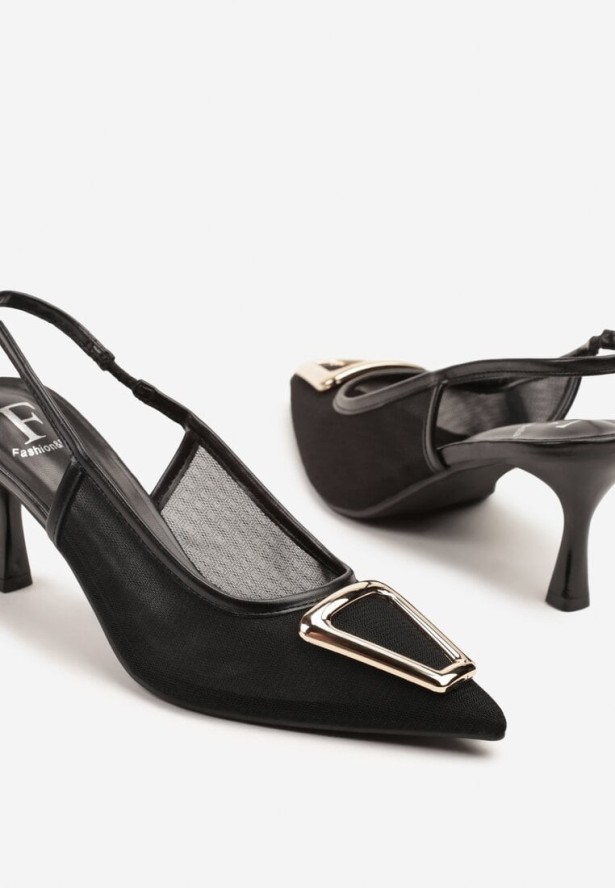 Czarne Sandały z Siateczki z Klamrą na Niewysokiej Szpilce Fainna