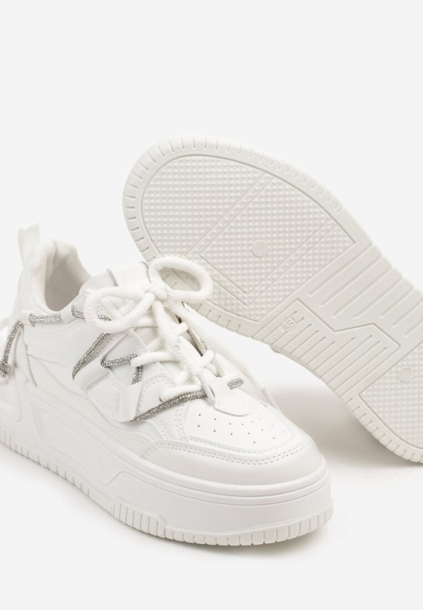 Białe Sneakersy na Grubej Podeszwie Zdobione Cyrkoniami Neothra