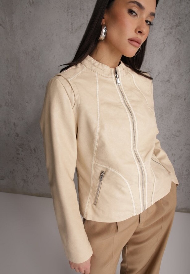 Beżowa Kurtka Ramoneska o Taliowanym Kroju z Ozdobnymi Lamówkami Esanora