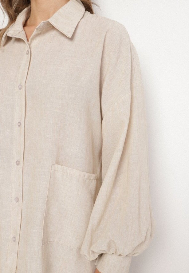 Beżowy Komplet Szerokie Spodnie i Koszula z Bufiastymi Rękawami Stellise