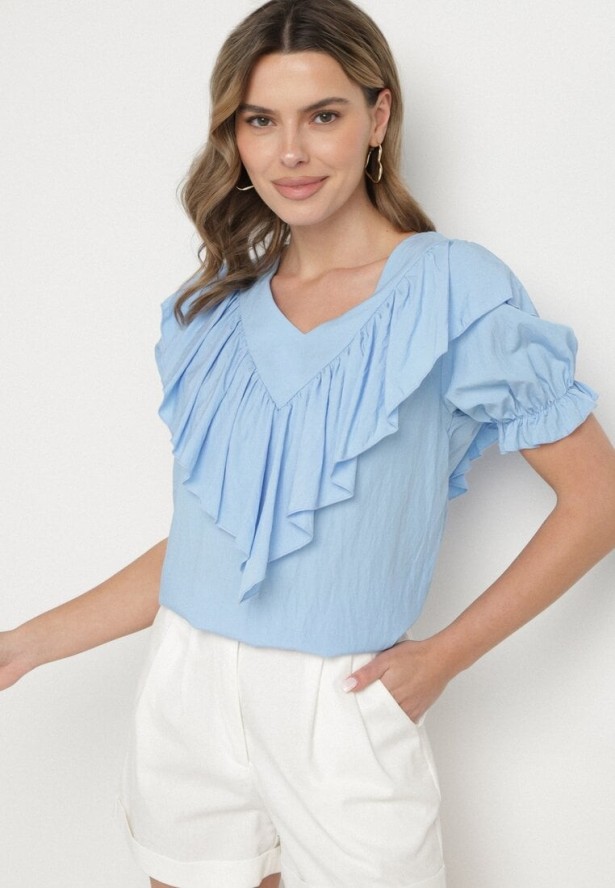 Jasnoniebieska Bluzka z Wiskozą i Falbankami Fadevia